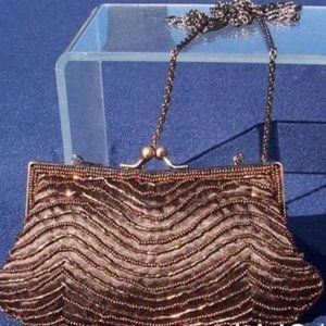 Cache Hidden Chain Strap Satin Bead Purse Top Metal Frame Event Wedding $58 NWT